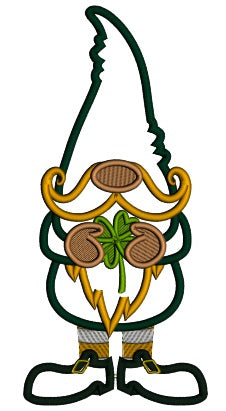 Gnome With Big Hat Holding a Shamrock Applique St. Patrick's Day Machine Embroidery Design Digitized Pattern