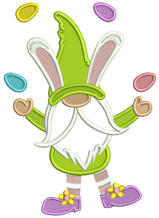 Gnome With Bunny Ears Juggling Easter Eggs Applique Machine Embroidery Design Digitized Pattern