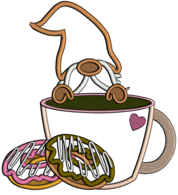 Gnome With Coffee And Cookies Applique Machine Embroidery Design Digitized Pattern