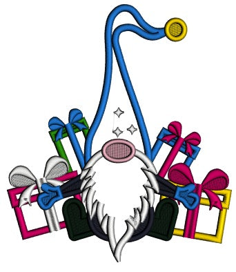 Gnome With Many Christmas Presents Applique Machine Embroidery Design Digitized Pattern