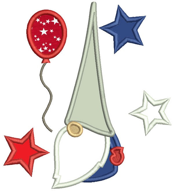 Gnome With Stars And a Balloon 4th Of July Patriotic Applique Machine Embroidery Digitized Design Pattern