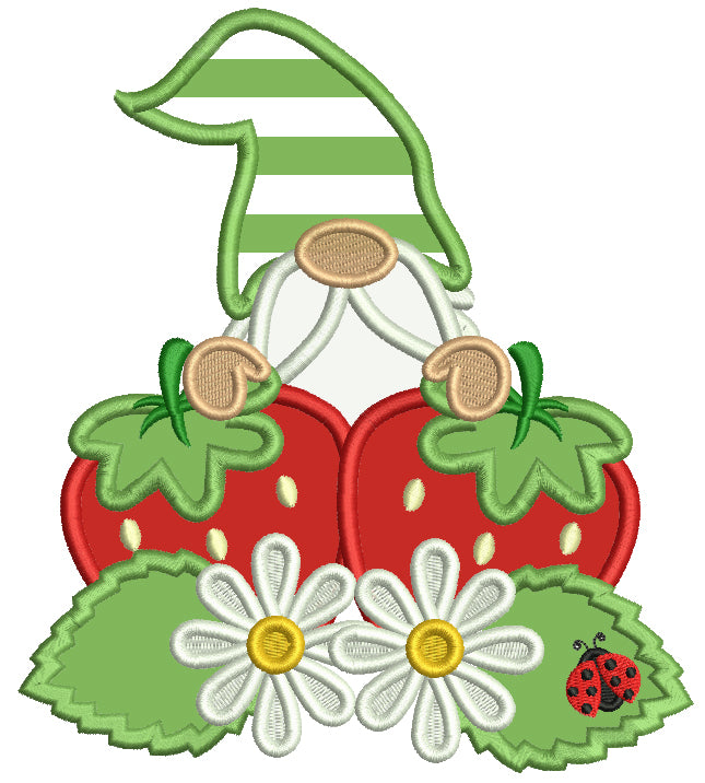 Gnome With Strawberries And Daisies Applique Machine Embroidery Design Digitized Pattern