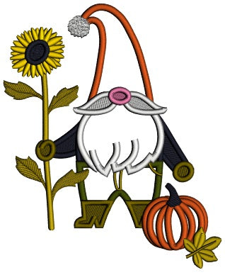 Gnome With Tall Sunflower And a Pumpkin Thanksgiving Applique Machine Embroidery Design Digitized Pattern