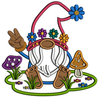 Gnome With a Big Hat Sitting In The Grass Full Of Mushrooms Applique Machine Embroidery Design Digitized Pattern