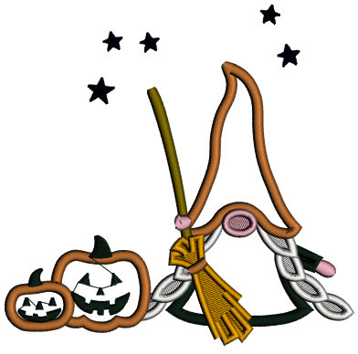 Gnome With a Broom And Pumpkins Halloween Applique Machine Embroidery Design Digitized Pattern
