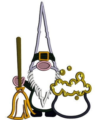 Gnome With a Broom Halloween Applique Machine Embroidery Design Digitized Pattern