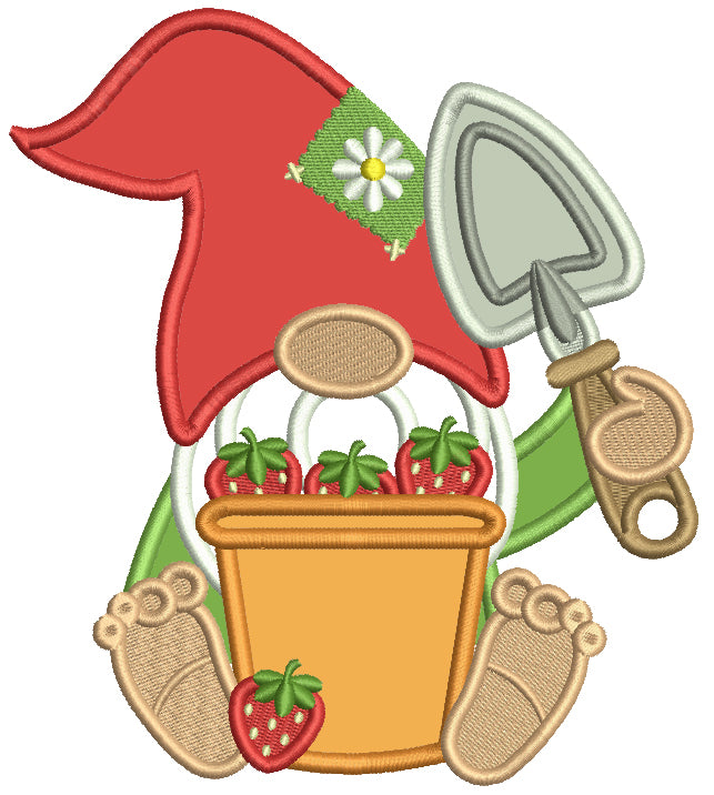Gnome With a Bucket Full Of Strawberries And a Garden Trowel Applique Machine Embroidery Design Digitized Pattern