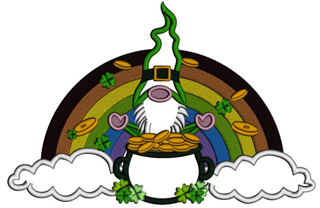 Gnome With a Pot Of Gold In The Clouds With a Rainbow Applique St. Patrick's Day Machine Embroidery Design Digitized Pattern