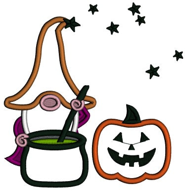Gnome Wizard And a BIg Pumpkin Halloween Applique Machine Embroidery Design Digitized Pattern