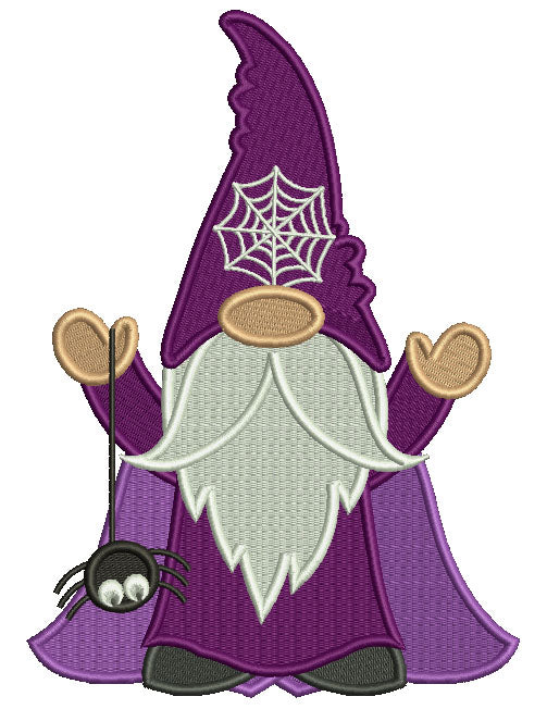 Gnome Wizard Holding a Spider Halloween Filled Machine Embroidery Design Digitized Pattern
