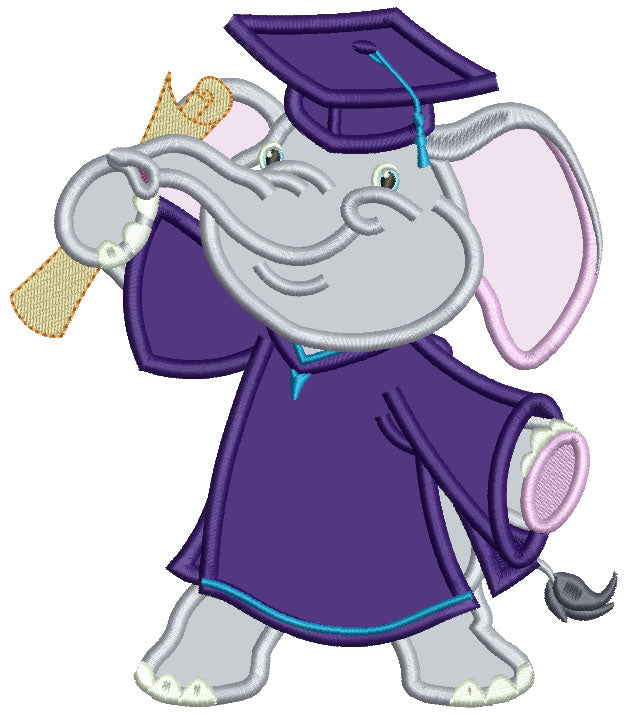 Graduating Elephant Holding Diploma Applique Machine Embroidery Design Digitized Pattern