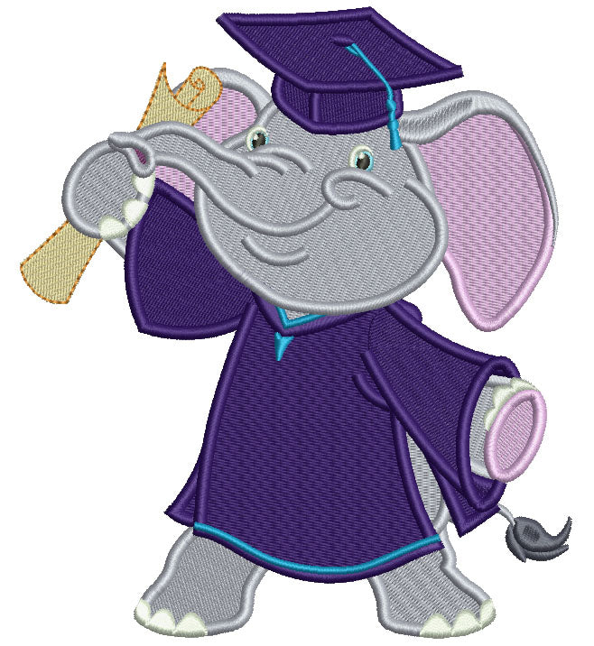 Graduating Elephant Holding Diploma Filled Machine Embroidery Design Digitized Pattern