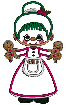 Grandma Wearing Christmas Dress And Holding Two Gingerbread Men Applique Machine Embroidery Design Digitized Pattern