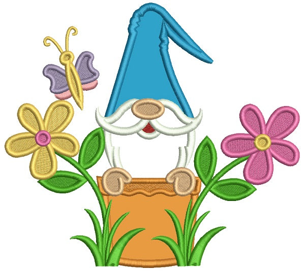 Grome Sitting Inside a Flower Pot Applique Machine Embroidery Design Digitized Pattern
