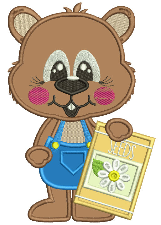 Groundhog Holding Bag of Seeds Applique Machine Embroidery Design Digitized Pattern