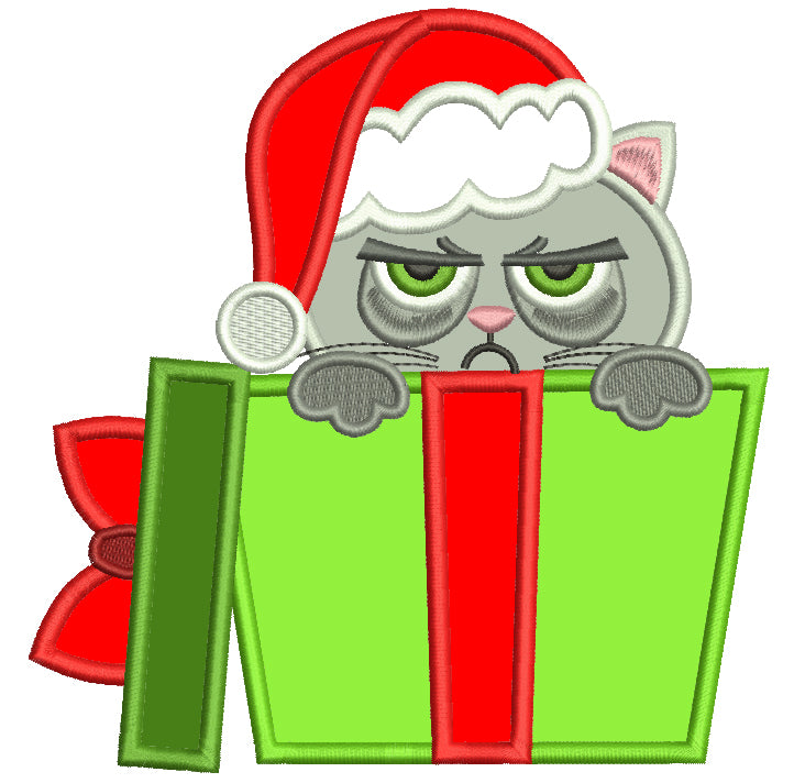Grumpy Cat Inside a Gift Box Christmas Applique Machine Embroidery Digitized Design Pattern