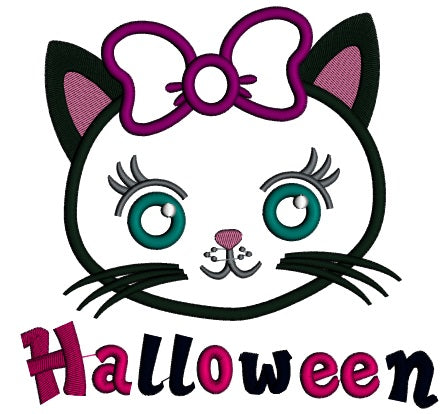 Halloween Cute Kitten Wearing a Bow Applique Machine Embroidery Design Digitized Pattern