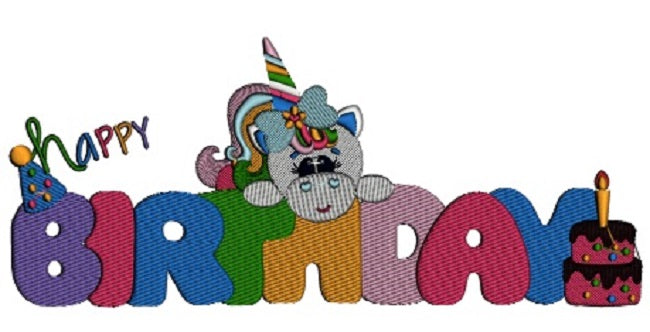 Happy Birthday Unicorn Filled Machine Embroidery Design Digitized Pattern