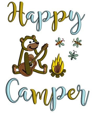 Happy Camper Cute Bear Playing Guitar By The Fire Applique Machine Embroidery Design Digitized Pattern