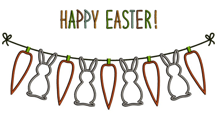 Happy Easter Banner With Carrots and Bunnies Applique Machine Embroidery Design Digitized Pattern