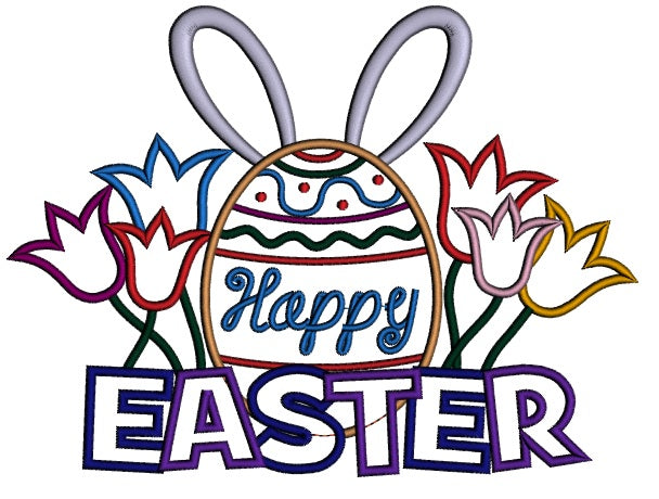Happy Easter Egg With Bunny Ears Applique Machine Embroidery Digitized Design Pattern