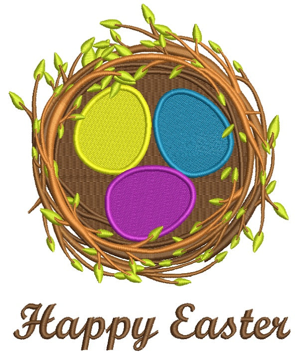 Happy Easter Nest With Eggs Letters Without Leaves Filled Machine Embroidery Design Digitized Pattern