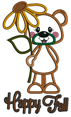 Happy Fall Bear With a Flower Applique Machine Embroidery Design Digitized Pattern