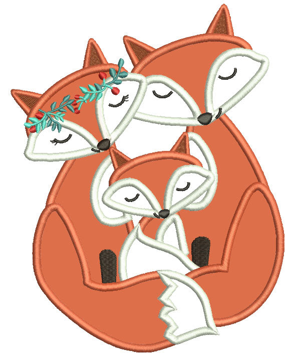 Happy Fox Family Applique Machine Embroidery Design Digitized Pattern