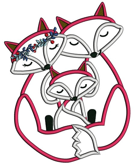 Happy Fox Family Applique Machine Embroidery Design Digitized Pattern