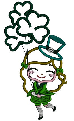 Happy Girl With Shamrock Balloons St. Patrick's Day Applique Machine Embroidery Design Digitized Pattern