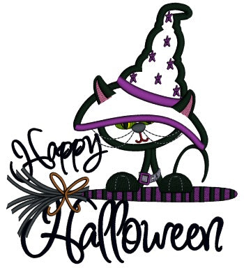 Happy Halloween Black Cat Witch on a Broom Halloween Applique Machine Embroidery Digitized Design Pattern