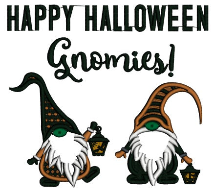 Happy Halloween Gnomes With Lanterns Applique Machine Embroidery Design Digitized Pattern