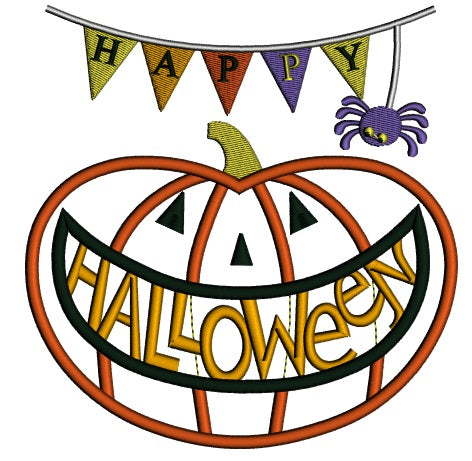 Happy Halloween Smiling Pumpkin Applique Machine Embroidery Design Digitized Pattern