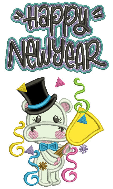 Happy New Year Hippo With a Ring Bell Applique Machine Embroidery Design Digitized Pattern