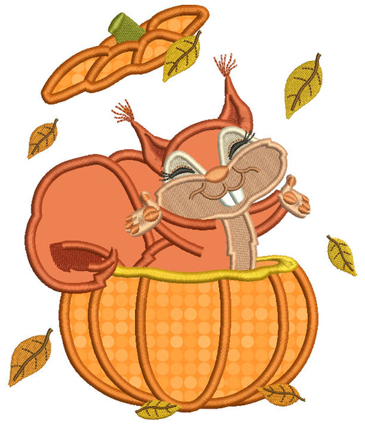Happy Squirrel Inside a Pumpkin Applique Machine Embroidery Design Digitized Pattern