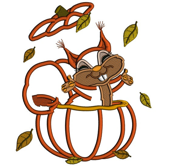 Happy Squirrel Inside a Pumpkin Applique Machine Embroidery Design Digitized Pattern