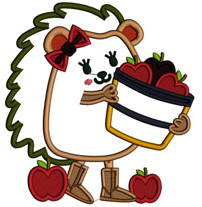 Hedgehog Holding Basket With Apples Thanksgiving Applique Machine Embroidery Design Digitized Pattern