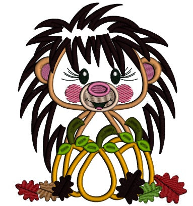 Hedgehog Holding Pumpkin With Leaves Thanksgiving Applique Machine Embroidery Design Digitized Pattern