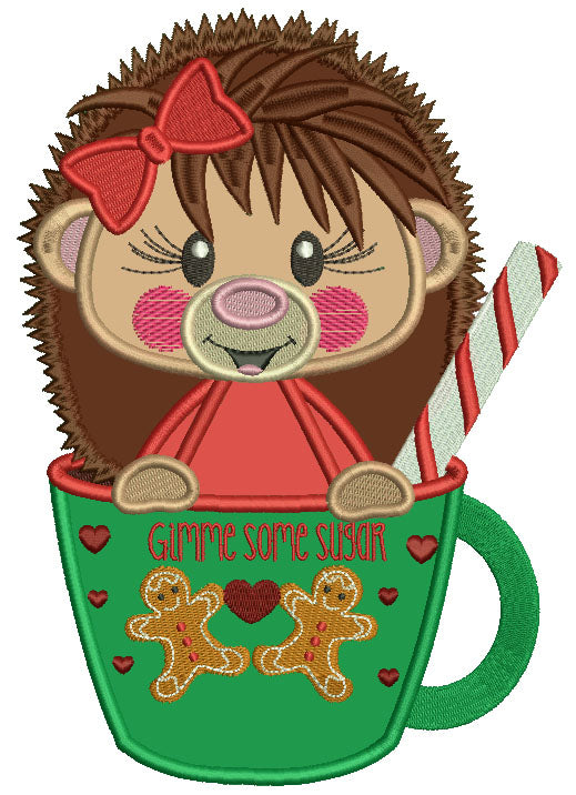 Hedgehog Sitting Inside a Cup Applique Christmas Machine Embroidery Design Digitized Pattern