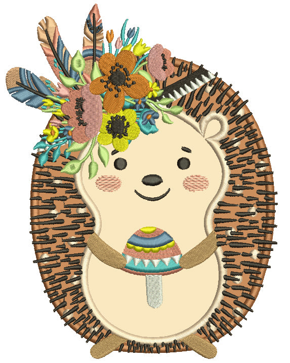 Hedgehog With Feathers Holding a Mashroom Easter Applique Machine Embroidery Design Digitized Pattern