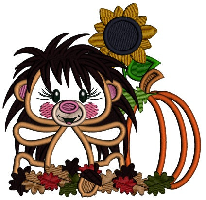 Hedgehog With Pumpkin and Sunflower Thanksgiving Applique Machine Embroidery Design Digitized Pattern