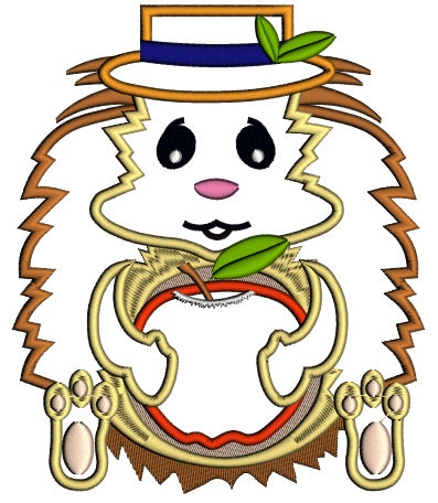 Hedgehog with Apple and a hat Applique Machine Embroidery Digitized Design Pattern