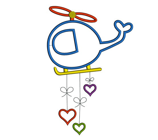 Helicopter With Hearts Applique Machine Embroidery Digitized Design Pattern