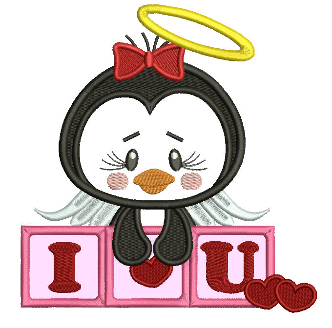 I Love You Cute Penguin Angel Applique Machine Embroidery Design Digitized Pattern