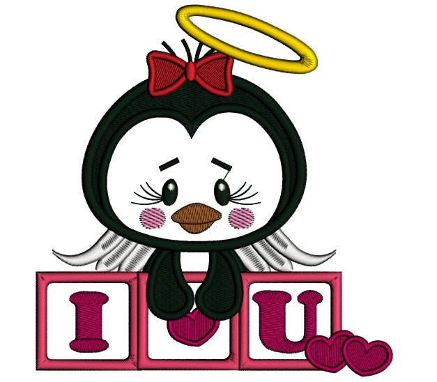 I Love You Cute Penguin Angel Applique Machine Embroidery Design Digitized Pattern
