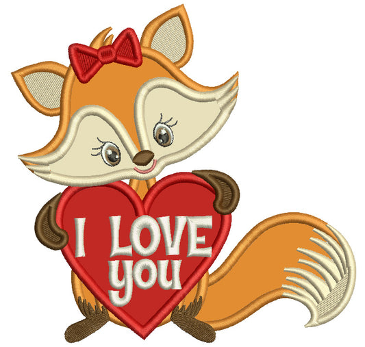 I Love You Girl Fox With a Big Heart Valentine's Day Applique Machine Embroidery Design Digitized Pattern