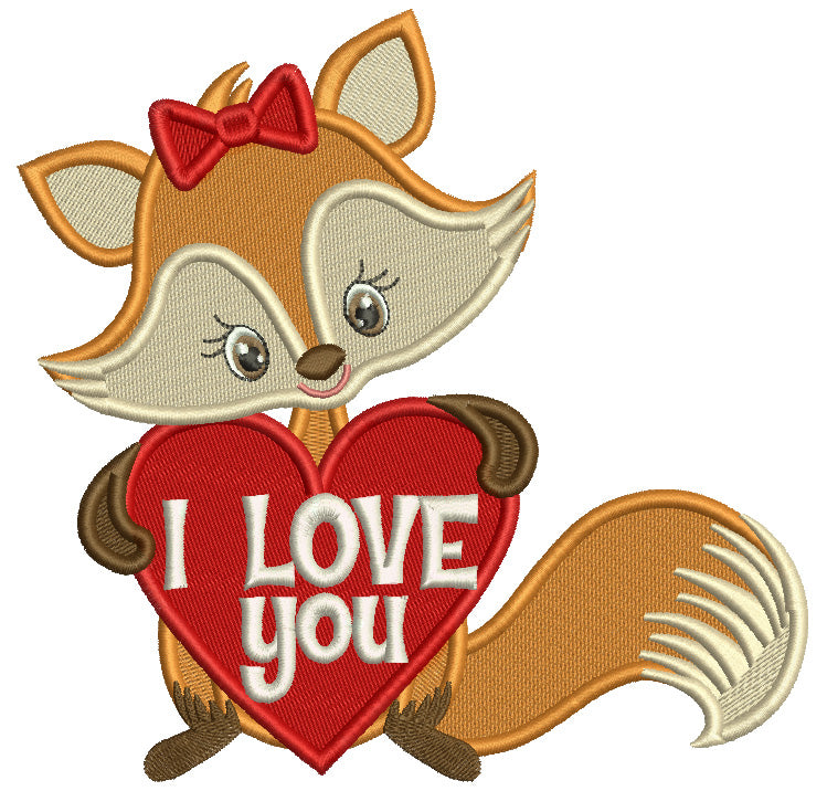 I Love You Girl Fox With a Big Heart Valentine's Day Filled Machine Embroidery Design Digitized Pattern