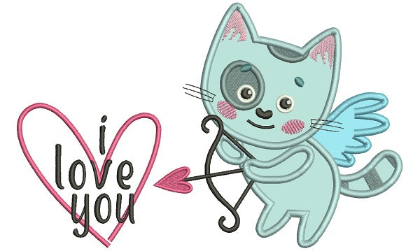 I Love You Little Cat Cupid Holding a Bow Applique Machine Embroidery Design Digitized Pattern