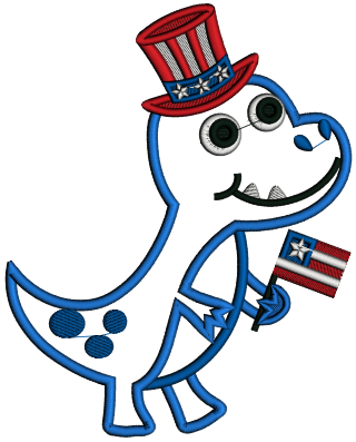 Independence Day Dino Holding American Flag Applique Machine Embroidery Design Digitized Pattern