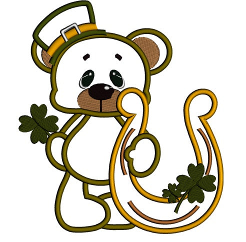 Irish Bear With Horseshoe and Shamrock Applique Machine Embroidery Digitized Design Pattern